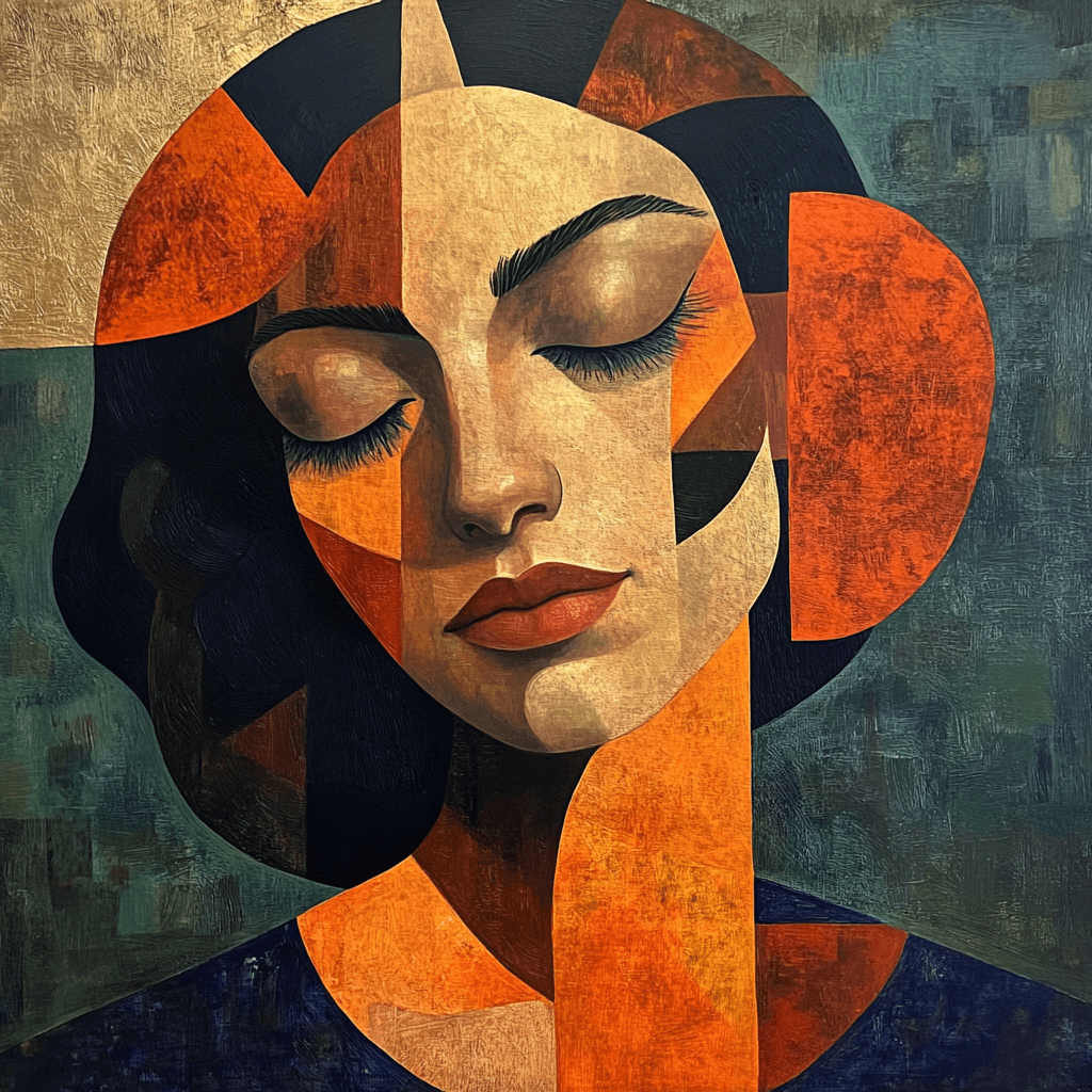 A stylized, abstract portrait of a woman with closed eyes, painted in bold geometric shapes and warm tones of orange, gold, and deep blue-green. The composition evokes a modern New Mexico or Frida Kahlo–inspired aesthetic, blending cubist elements with soft, expressive features.