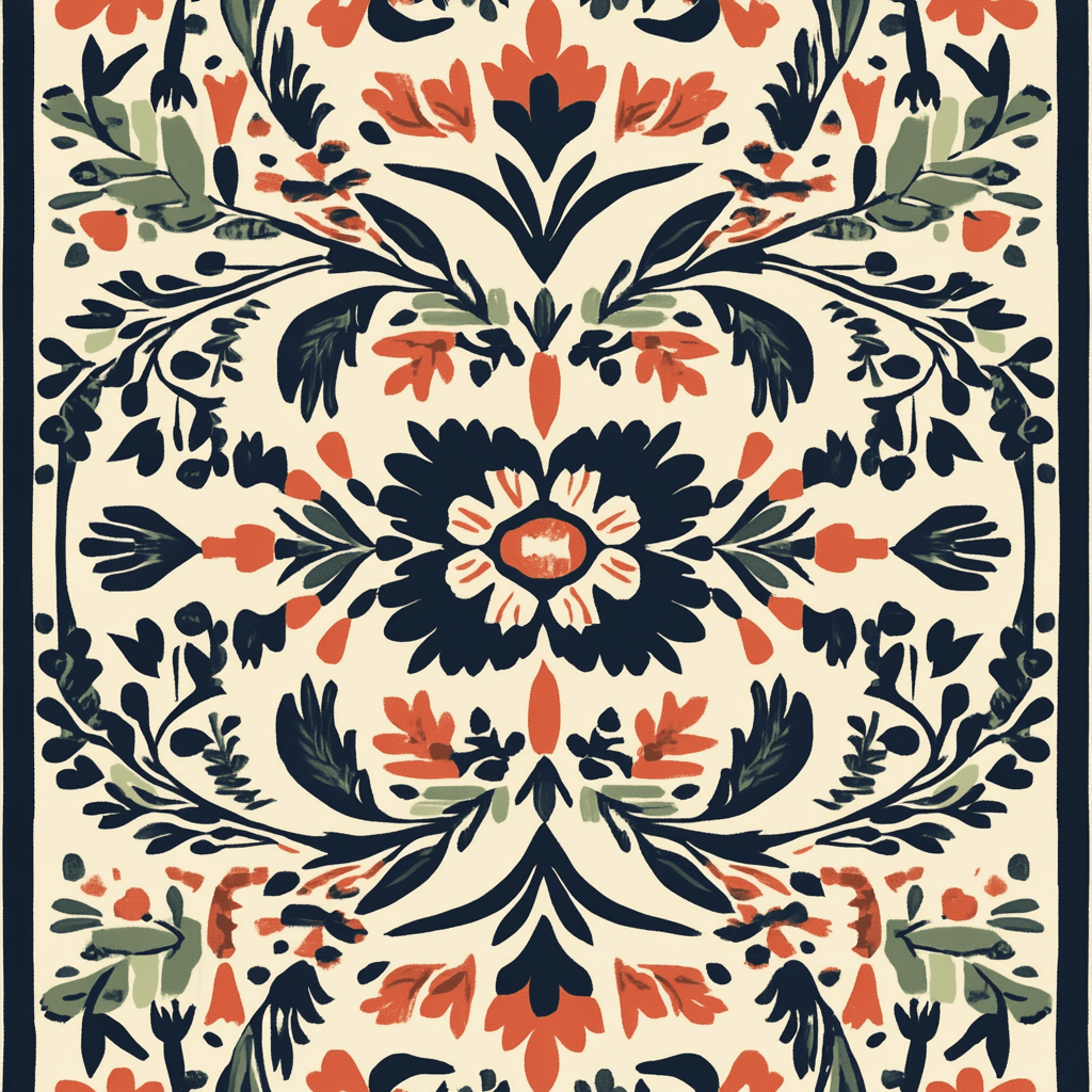 A vibrant, symmetrical textile pattern inspired by Mexican folk art, featuring navy blue, coral red, and olive green floral and leafy motifs on a cream background. The design showcases a central floral medallion surrounded by radiating botanical elements, creating a balanced and decorative layout.