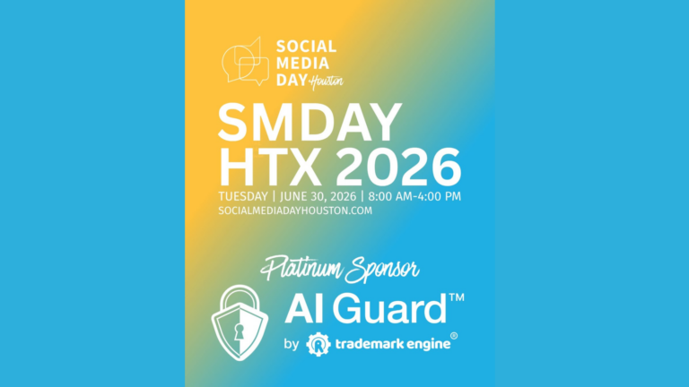 Social Media Day Houston 2026 event graphic recognizing AI Guard by Trademark Engine as a sponsor for the June 30, 2026 conference in Houston
